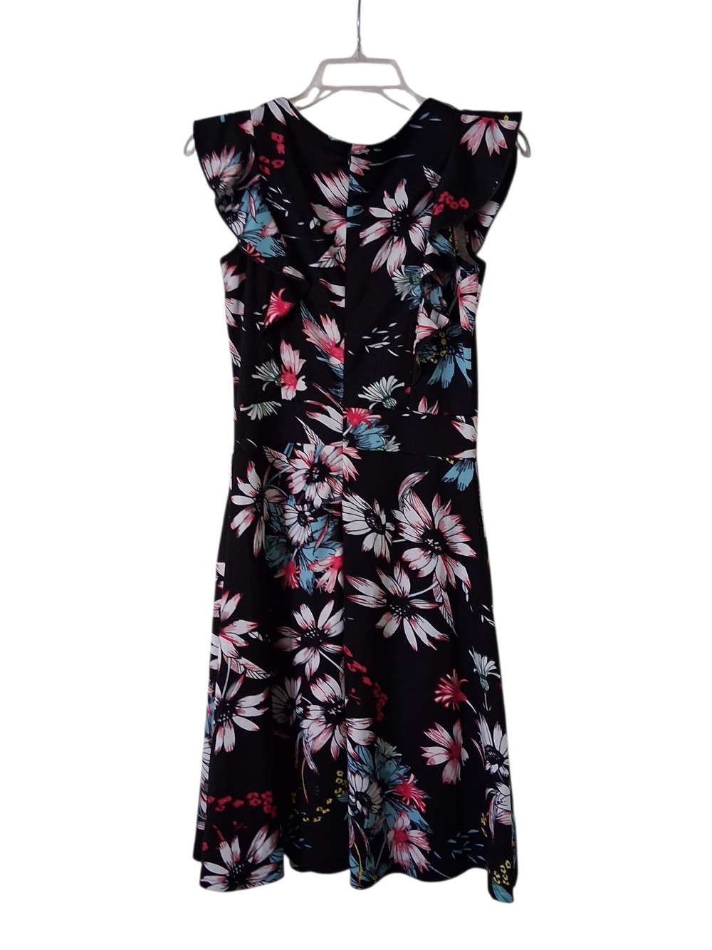 Black Floral A-Line Midi Dress with Ruffle Shoulders M